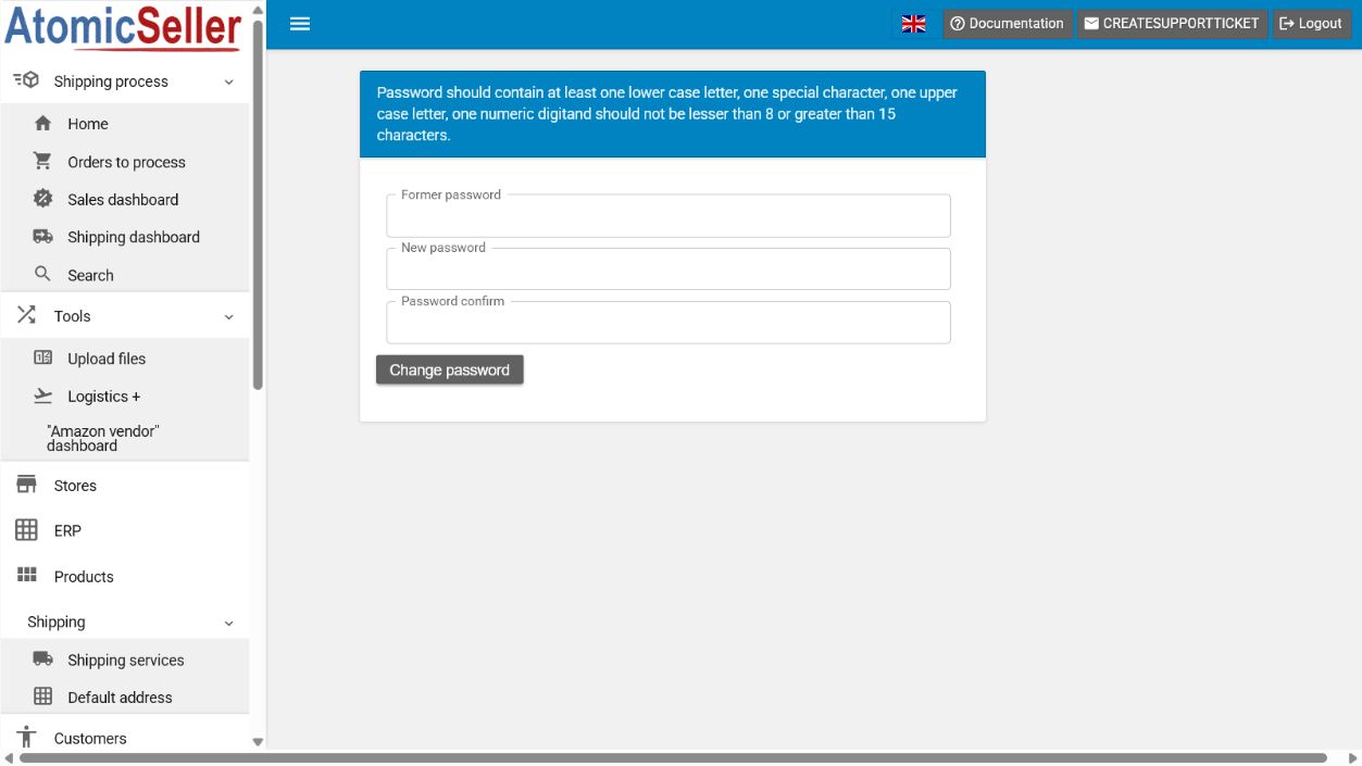 English AtomicSeller change password screen