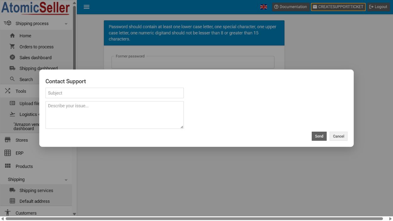 Support form opened from the English interface