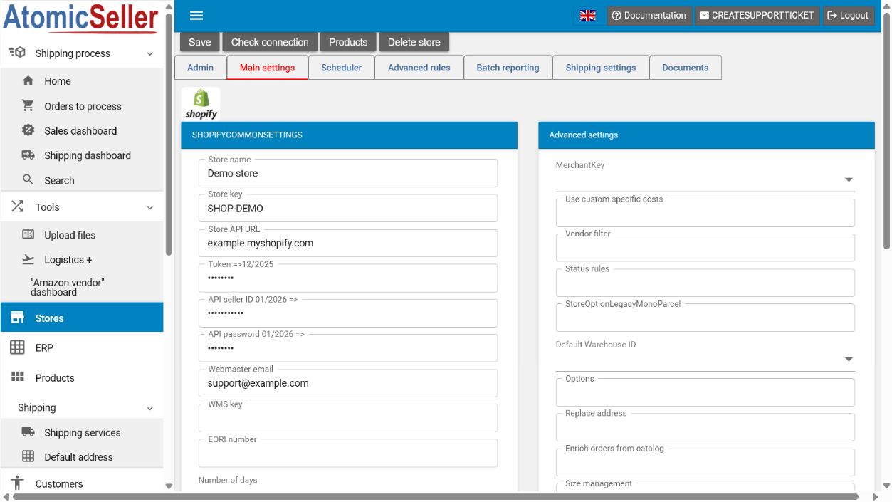 Shopify connector main settings in AtomicSeller