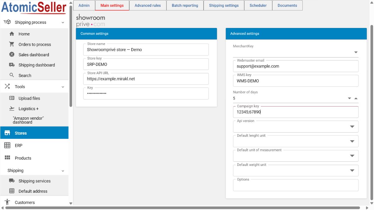Showroomprivé settings in AtomicSeller — anonymized example