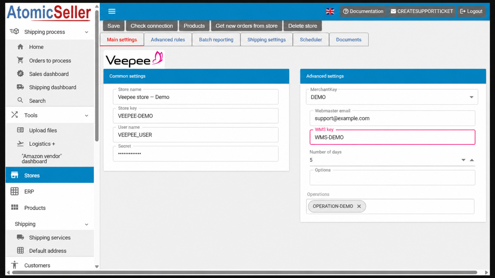 Veepee settings in AtomicSeller with one selected operation — anonymized example