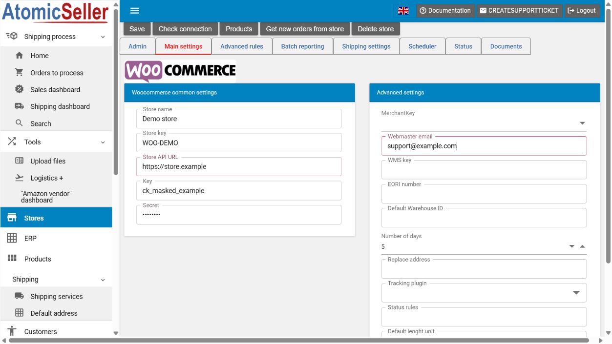 WooCommerce connector main settings in AtomicSeller