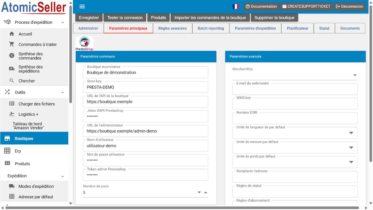 Paramètres principaux du connecteur PrestaShop dans AtomicSeller