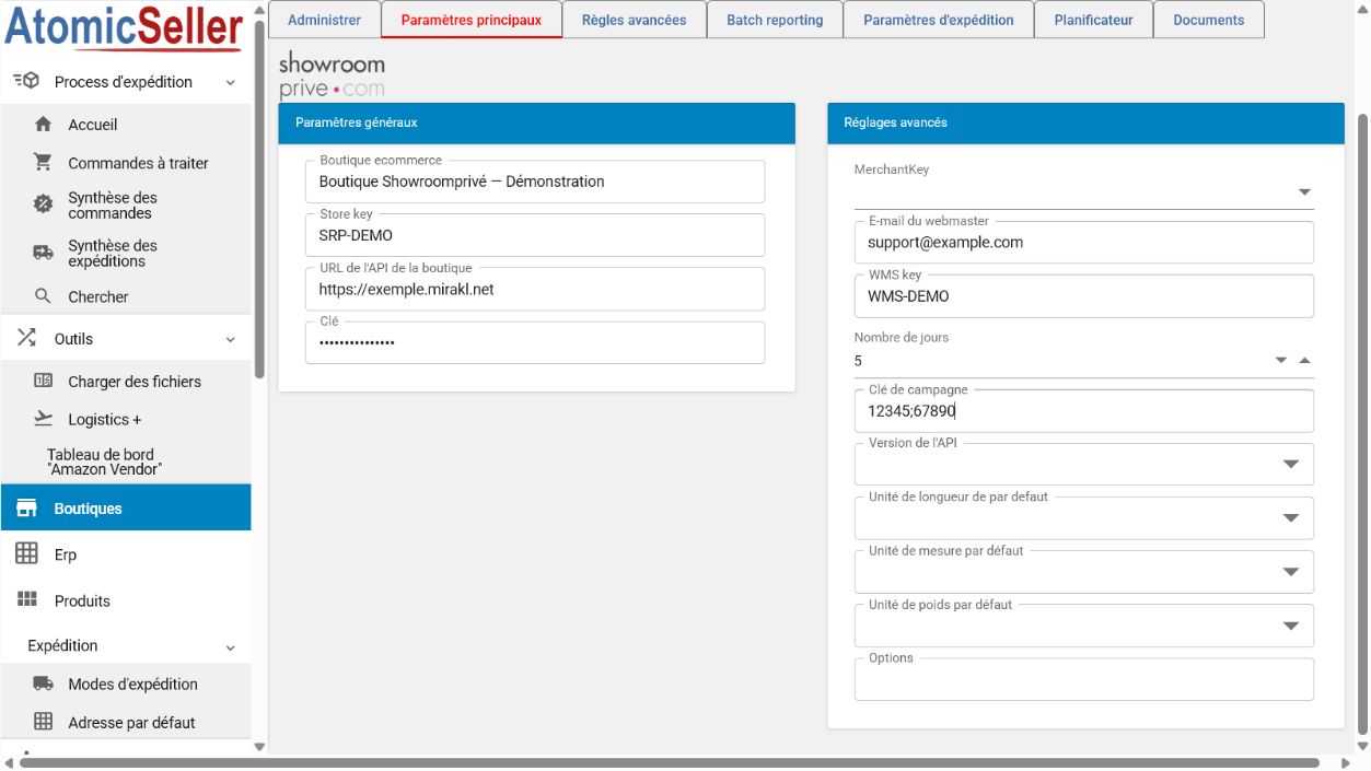 Paramètres Showroomprivé dans AtomicSeller — exemple anonymisé