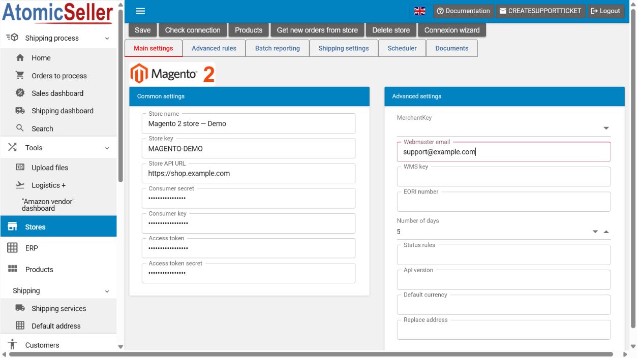Magento 2 configuration screen in AtomicSeller in English, with masked credentials.