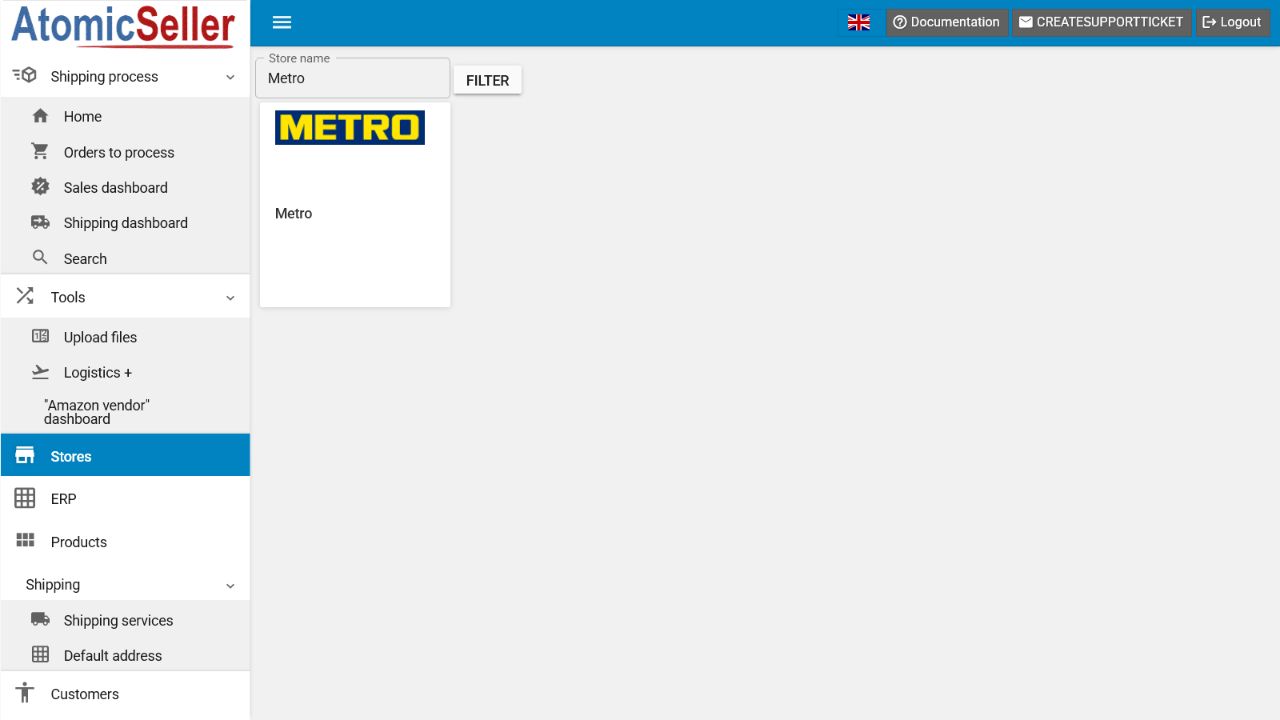 Selecting the Metro connector from the AtomicSeller store list in English.