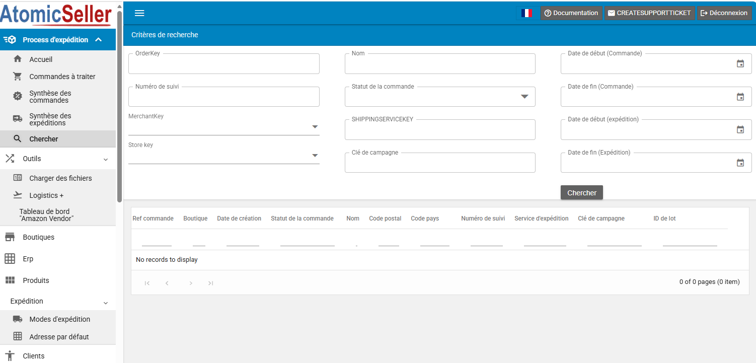 Écran de recherche des commandes dans AtomicSeller