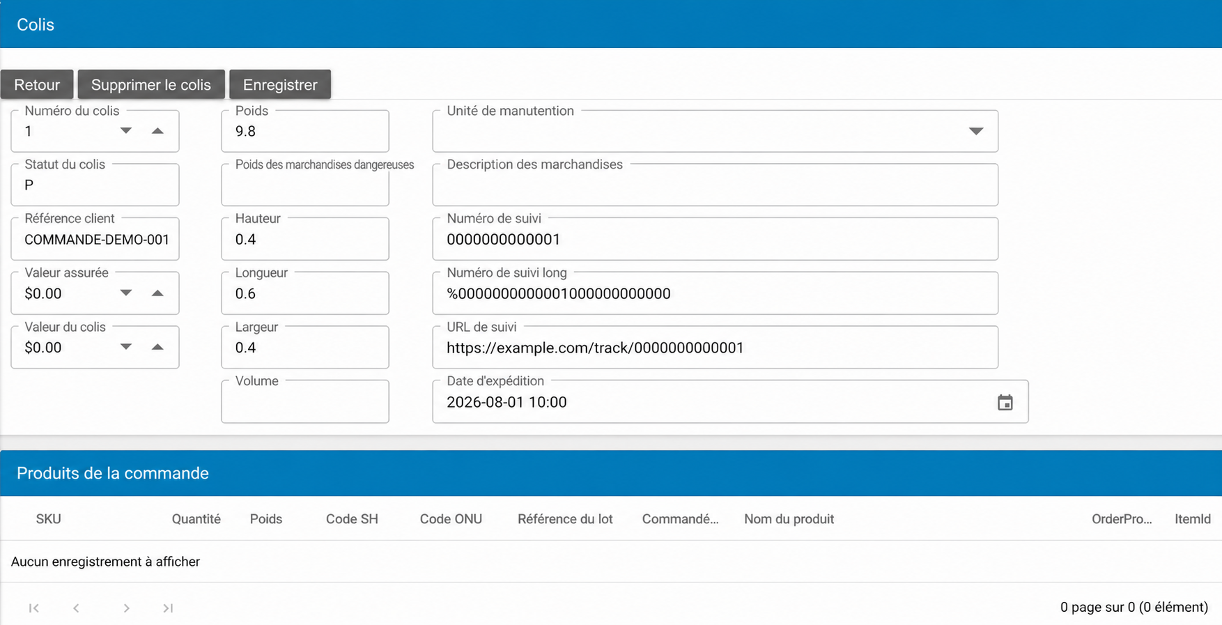 Formulaire anonymisé des informations d’un colis dans AtomicSeller