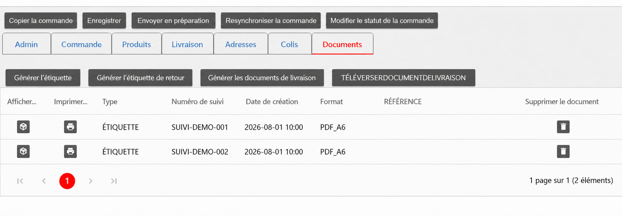 Onglet Documents d’AtomicSeller affichant deux étiquettes de colis anonymisées