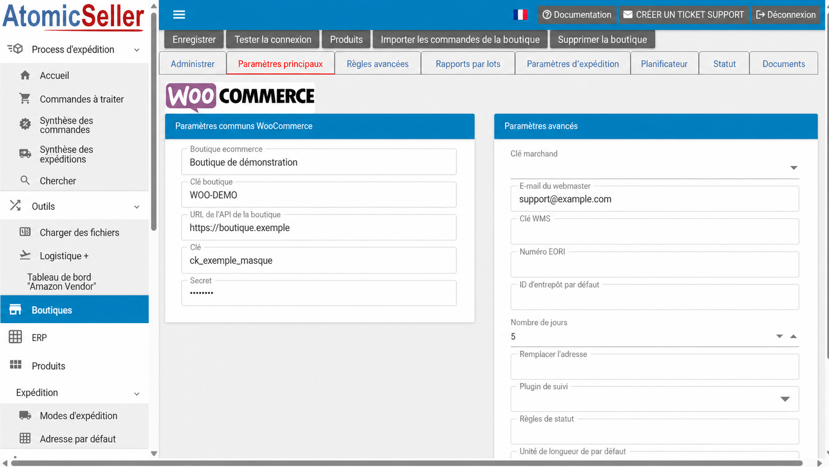 Paramètres principaux du connecteur WooCommerce dans AtomicSeller