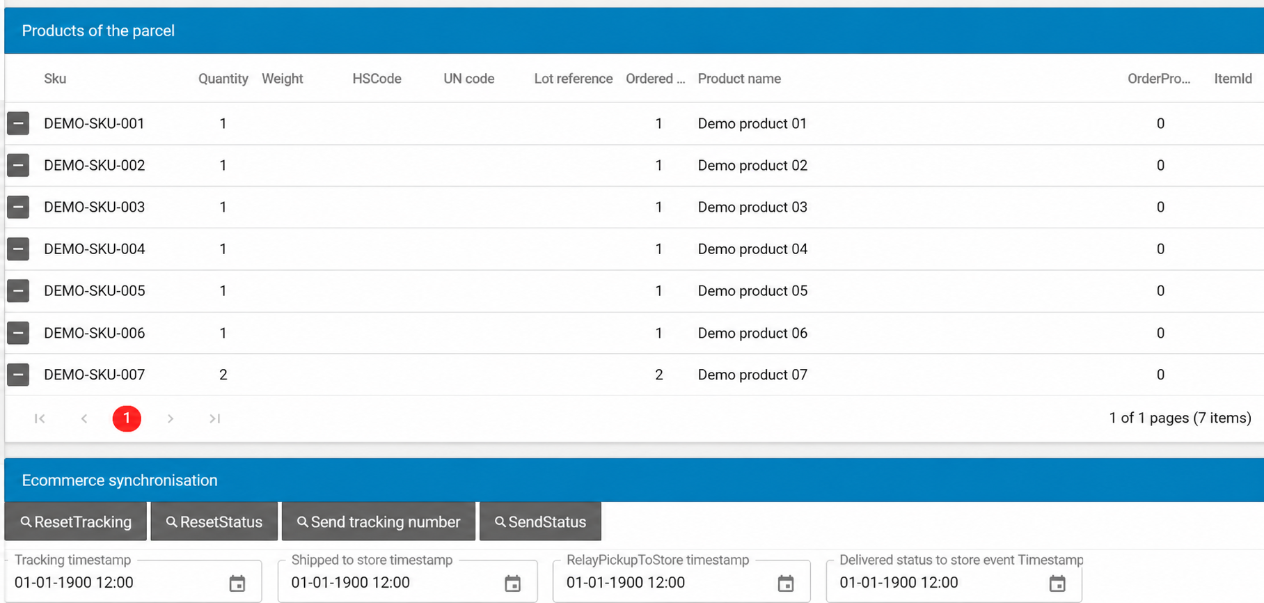 Anonymized list of products assigned to a parcel in AtomicSeller