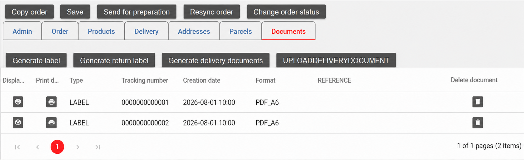 AtomicSeller Documents tab showing two anonymized parcel labels