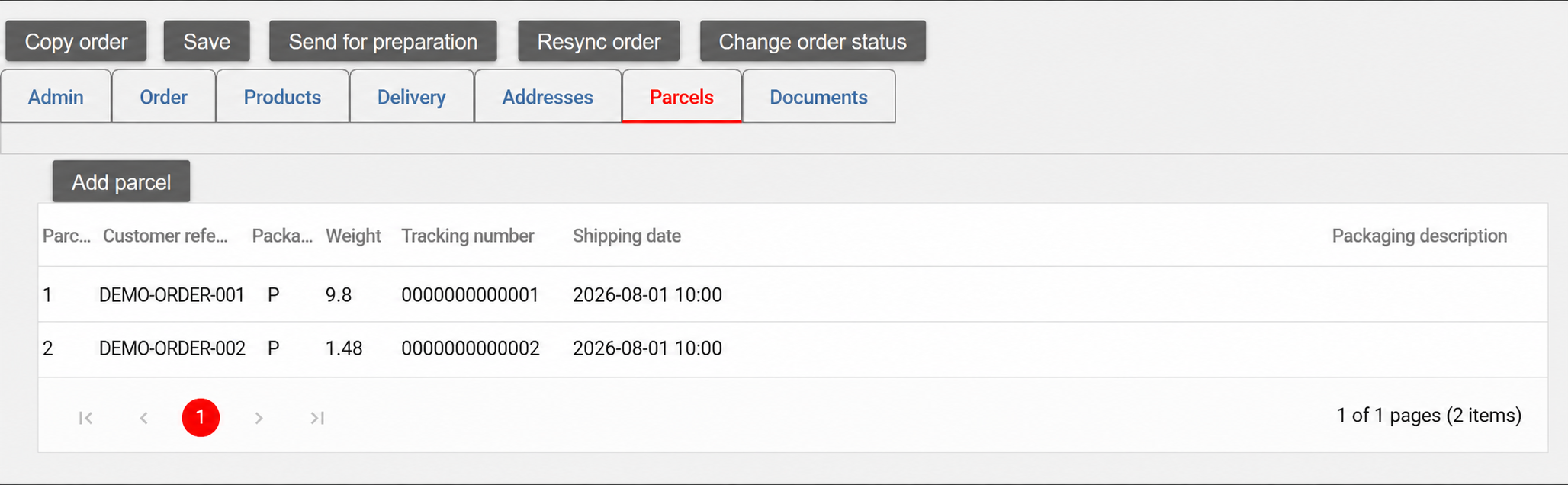 AtomicSeller Parcels tab showing two anonymized parcels