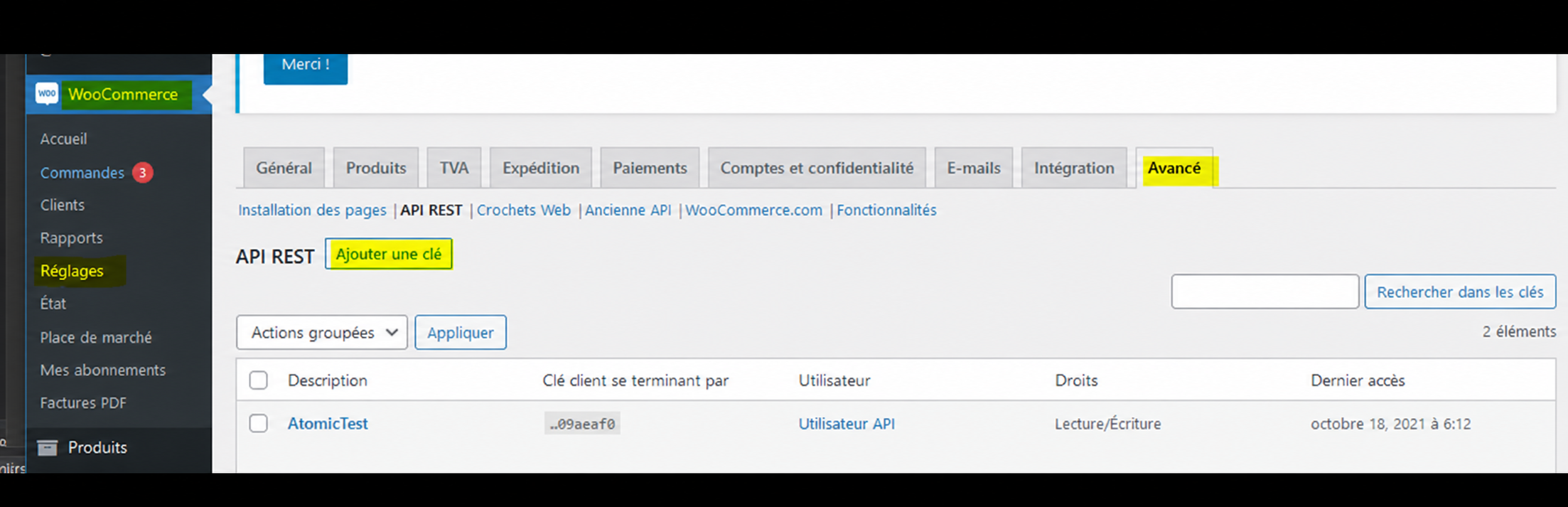 Réglages de l’API REST WooCommerce avec le bouton Ajouter une clé