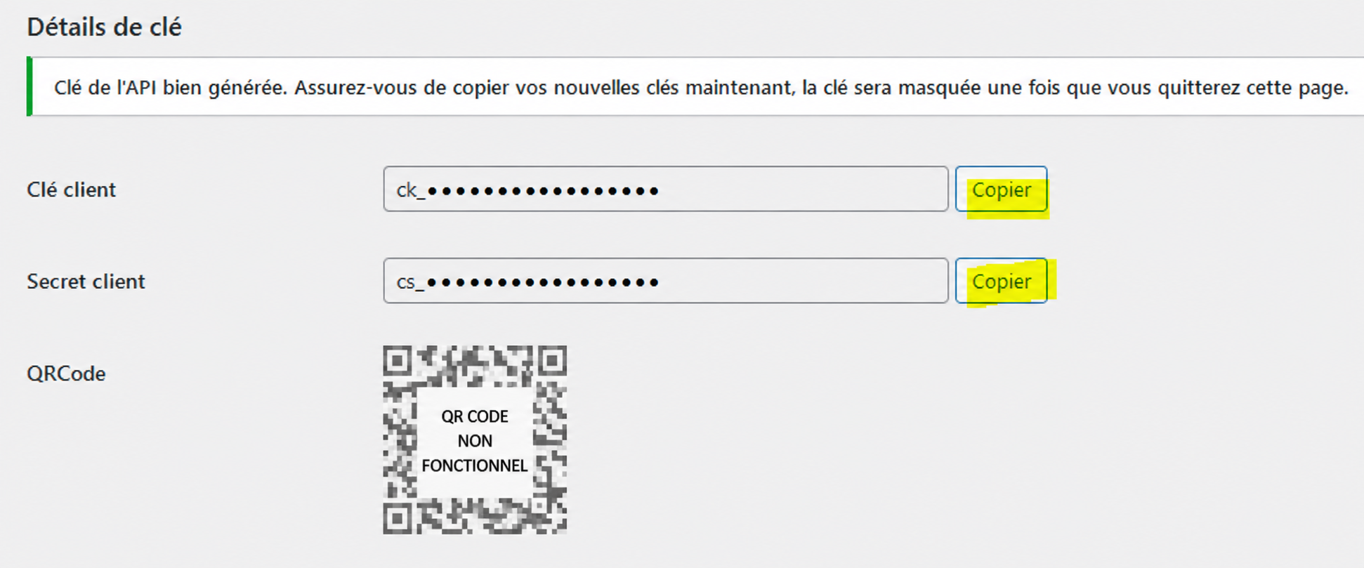 Identifiants WooCommerce anonymisés avec la clé et le secret masqués