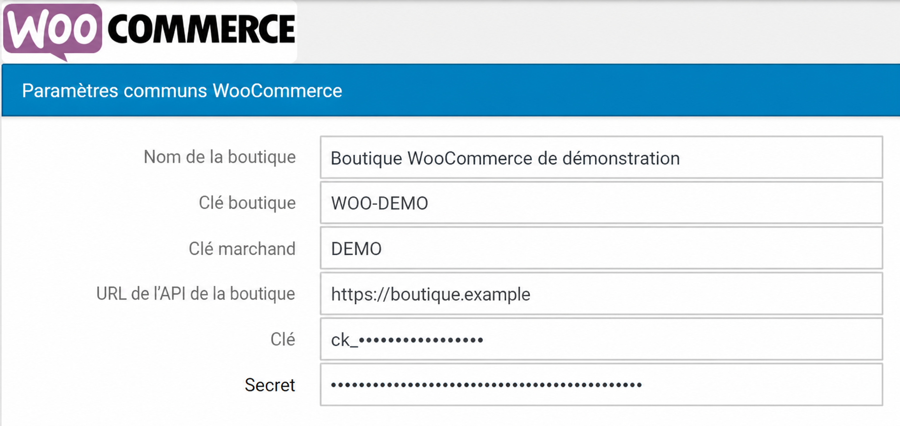 Configuration d’une boutique WooCommerce dans AtomicSeller avec une URL d’exemple et une clé masquée