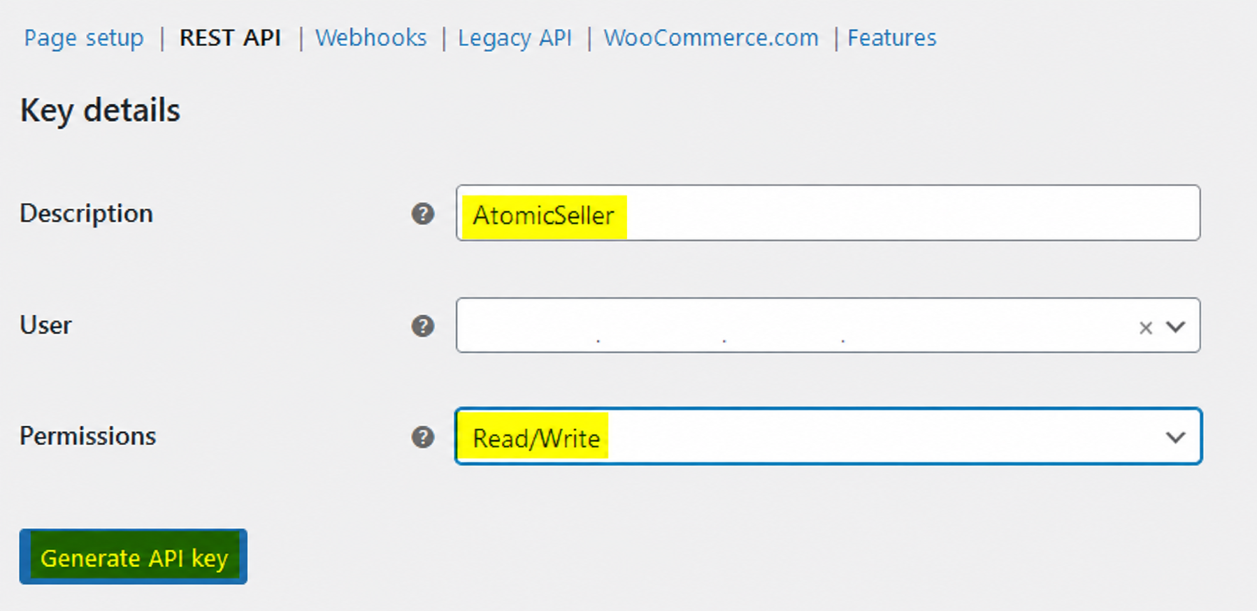 WooCommerce form for creating a REST API key with Read Write permissions
