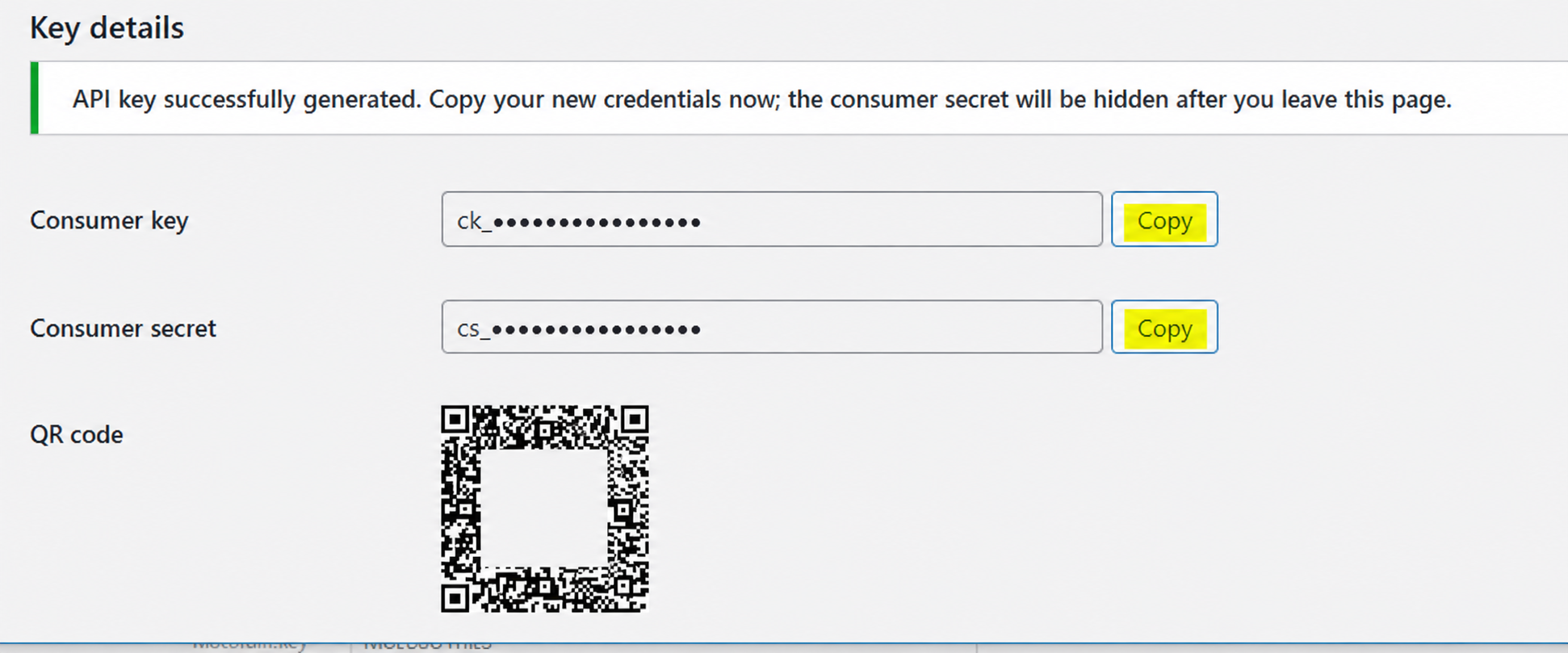 WooCommerce confirmation screen showing masked Consumer key and Consumer secret fields