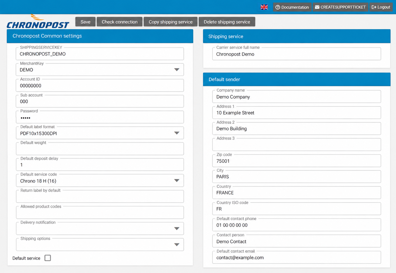 Chronopost settings in the English interface with anonymised Demo details