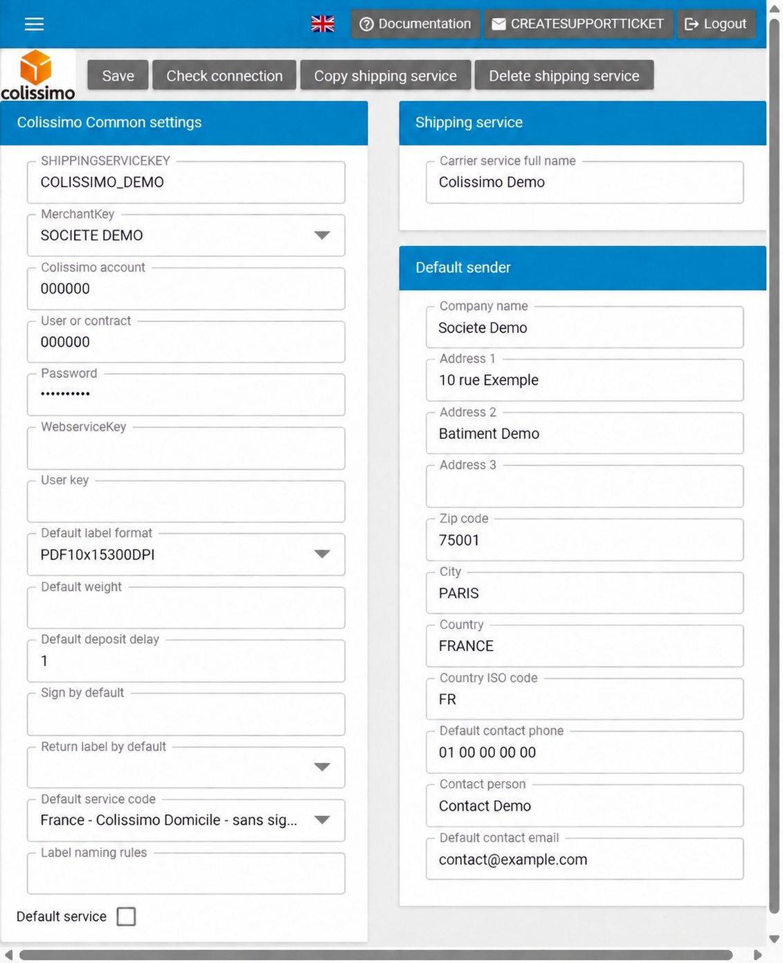 Colissimo settings in the English interface with anonymised Demo account and sender details