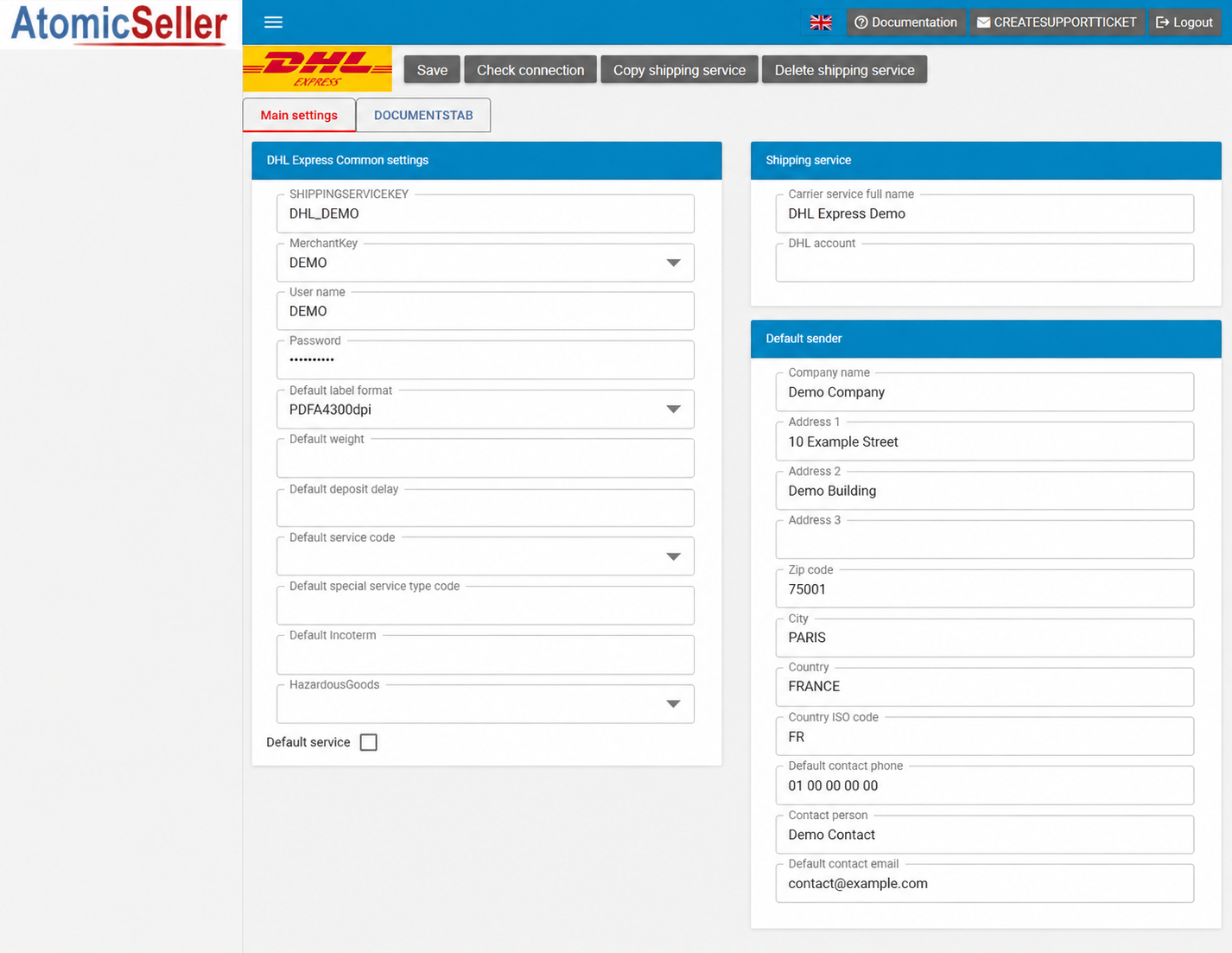 DHL Express settings in the English interface with anonymised Demo details
