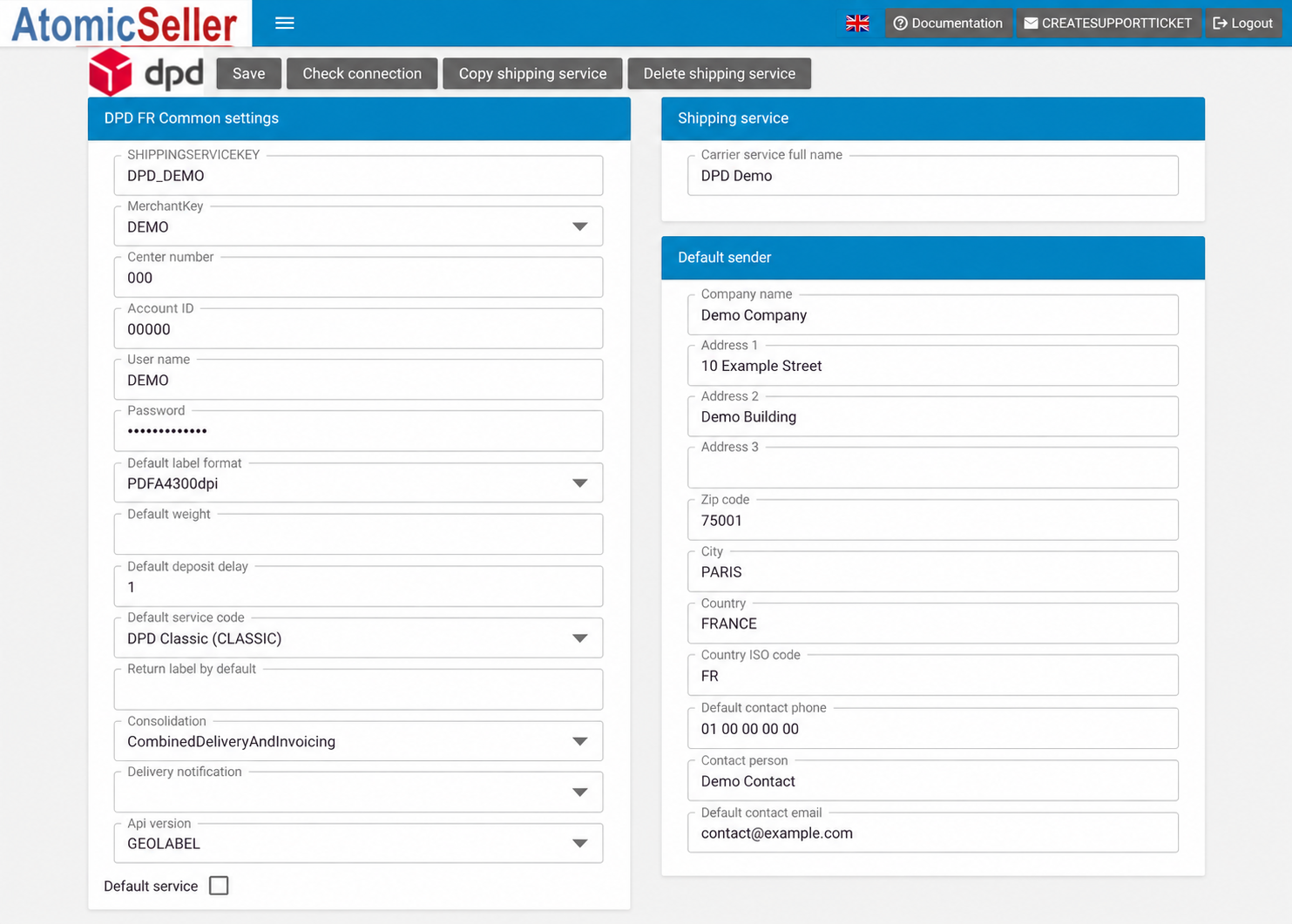 DPD France settings in the English interface with anonymised Demo details