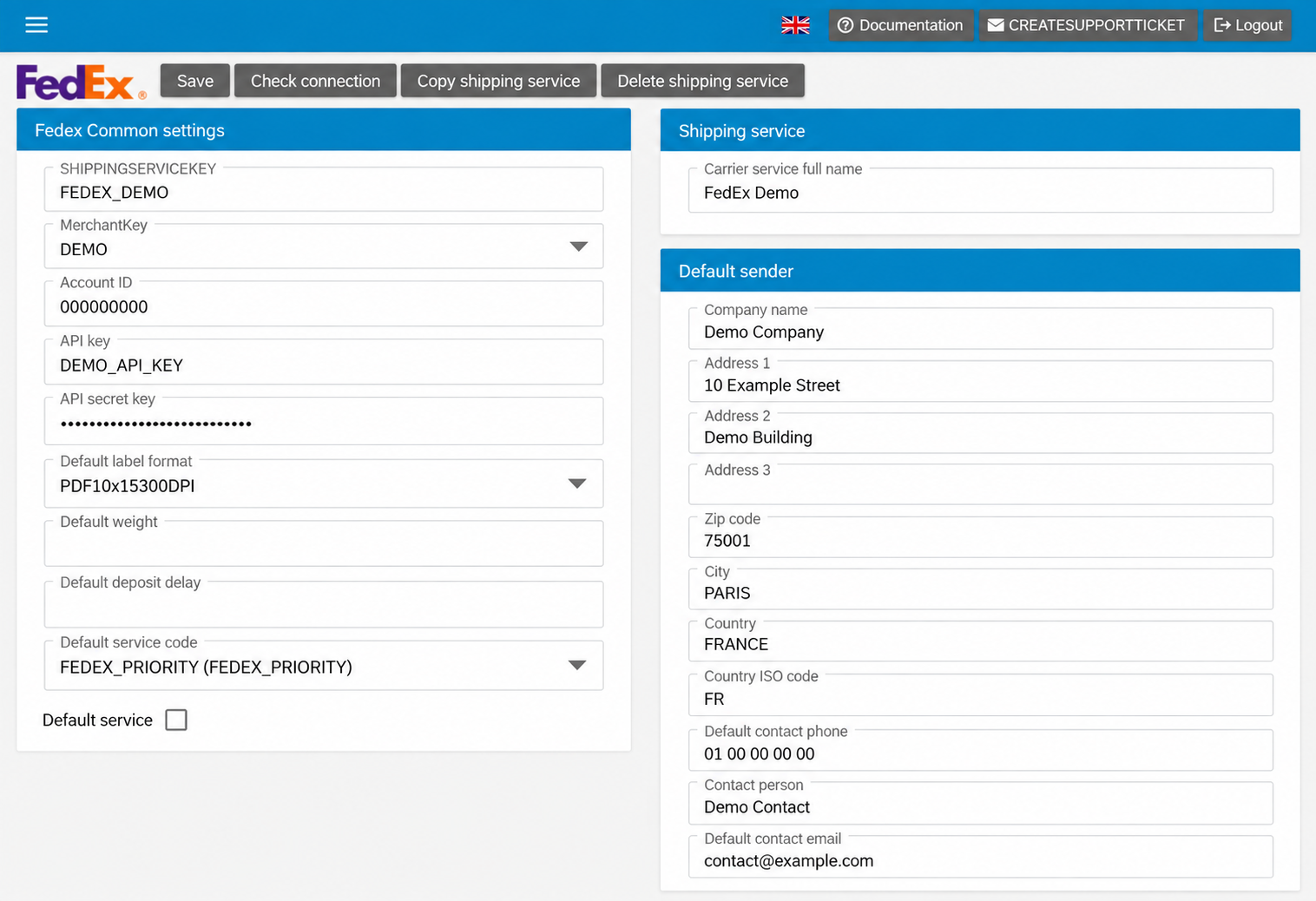 FedEx settings in the English interface with anonymised Demo details