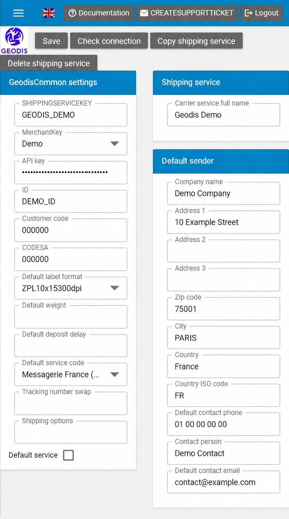 Settings Geodis / France Express — English interface with anonymised Demo data