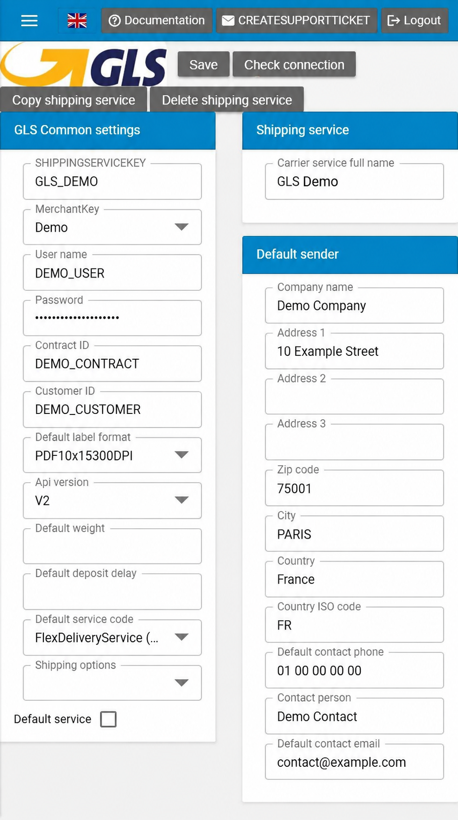 Paramètres GLS — interface anglaise avec données Demo anonymisées