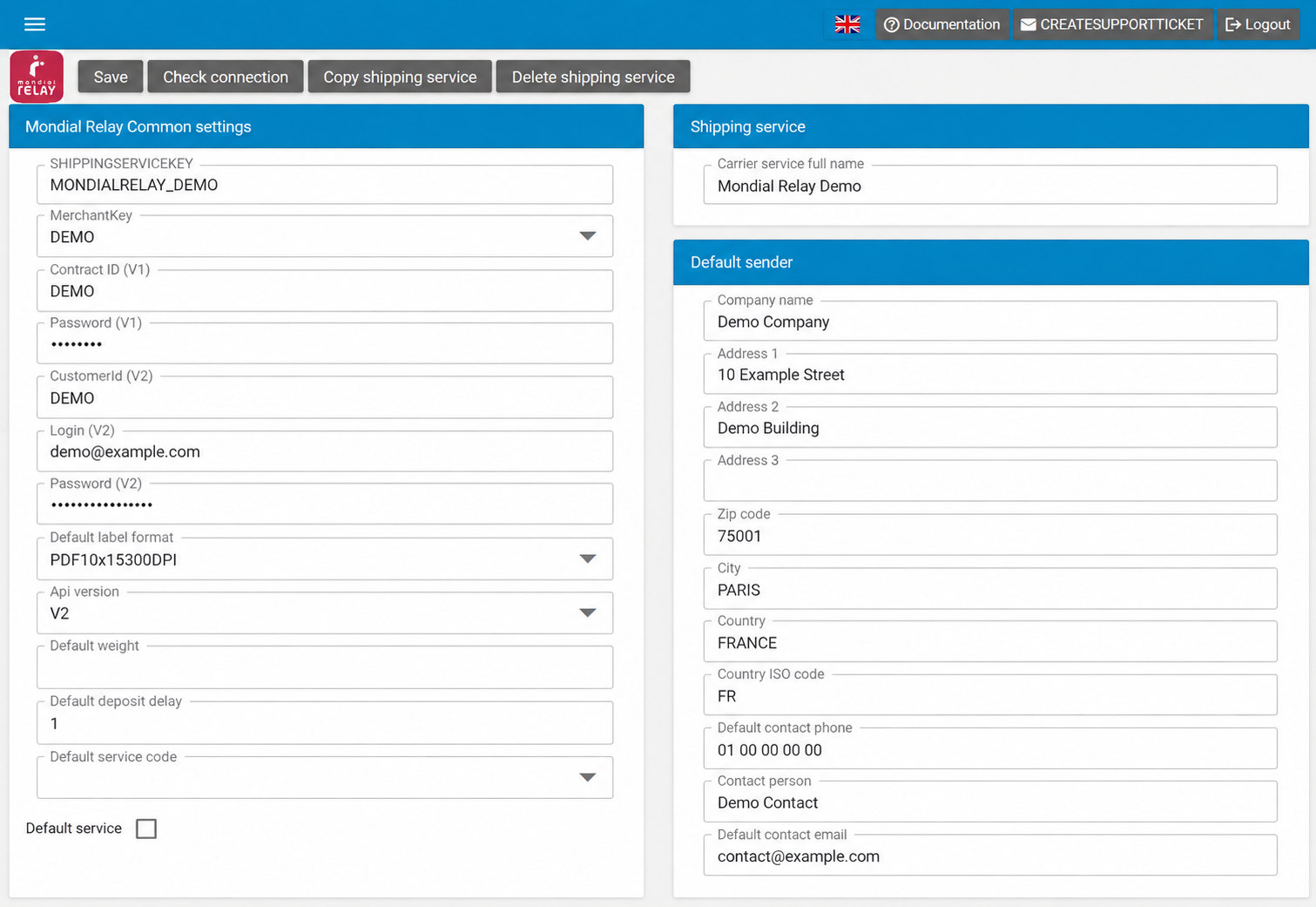 Mondial Relay settings in the English interface with anonymised Demo details