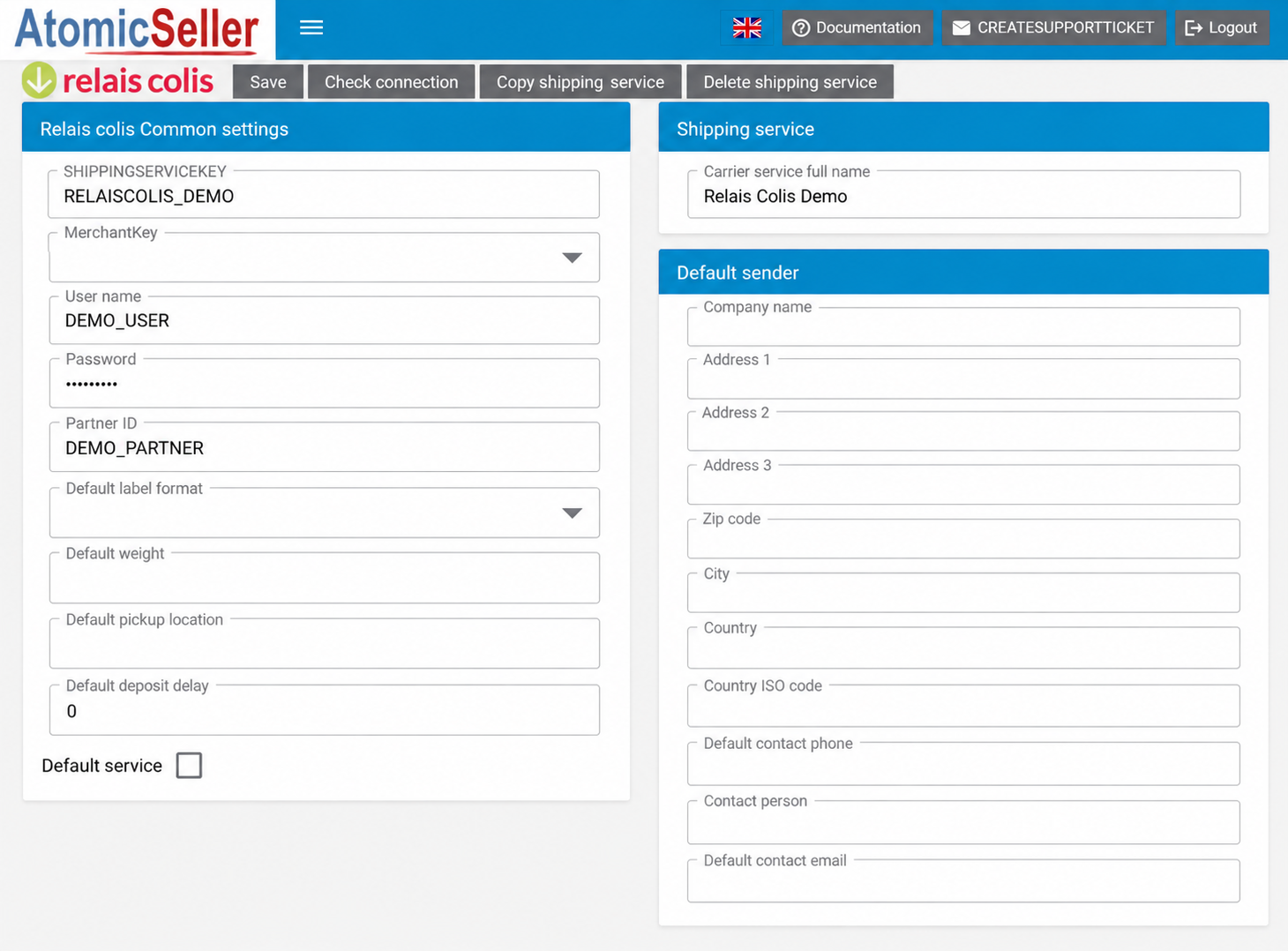 Relais Colis — English settings with anonymised Demo data