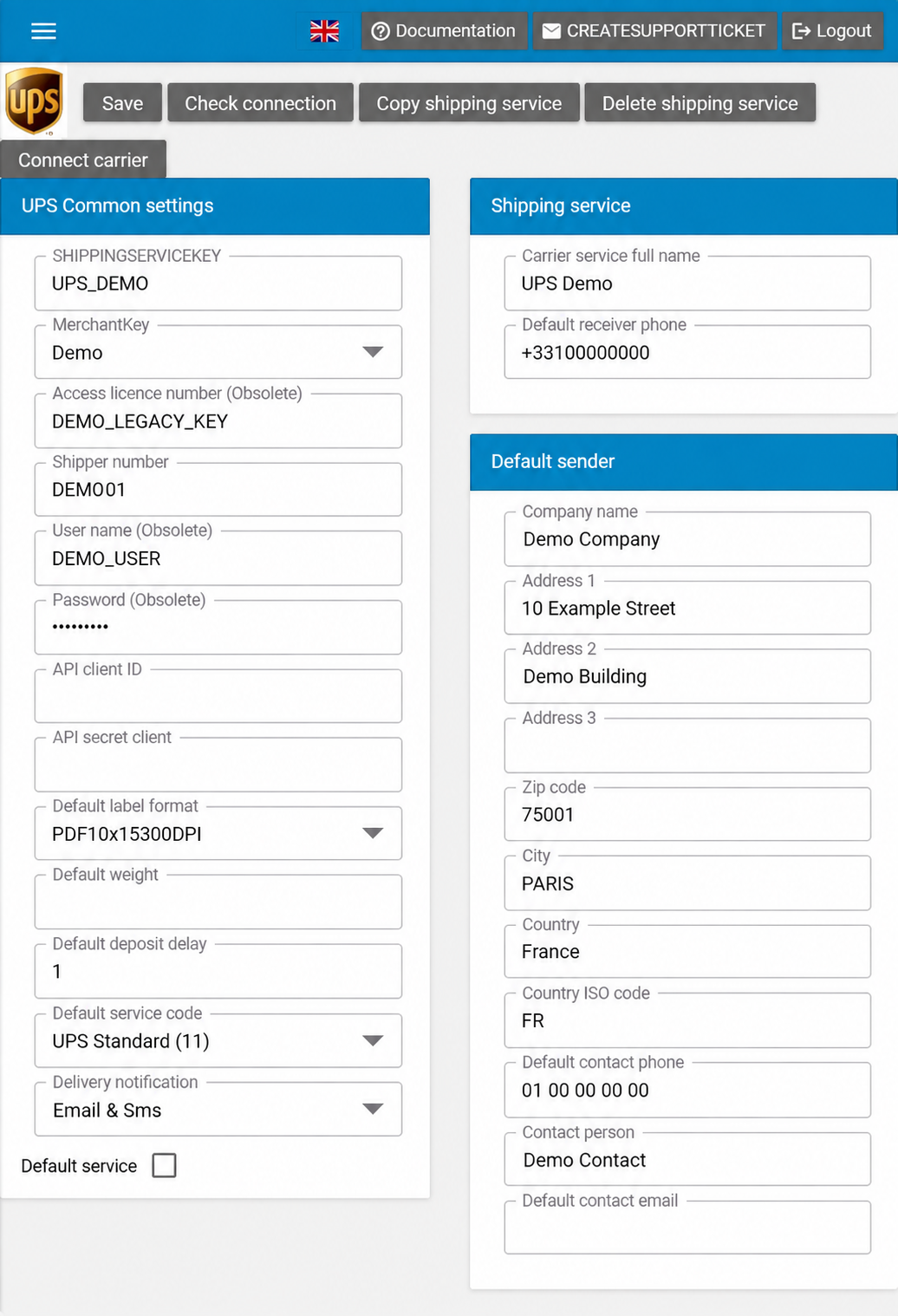 UPS settings in English with anonymised Demo data