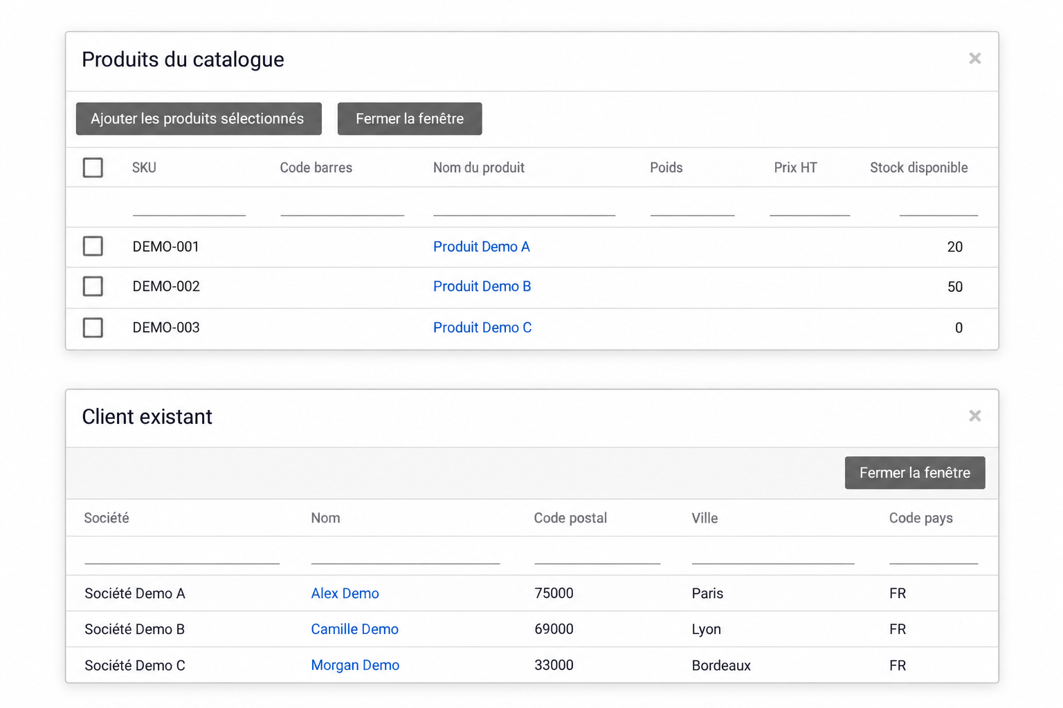 Fenêtres clients et catalogue produits — exemples Demo